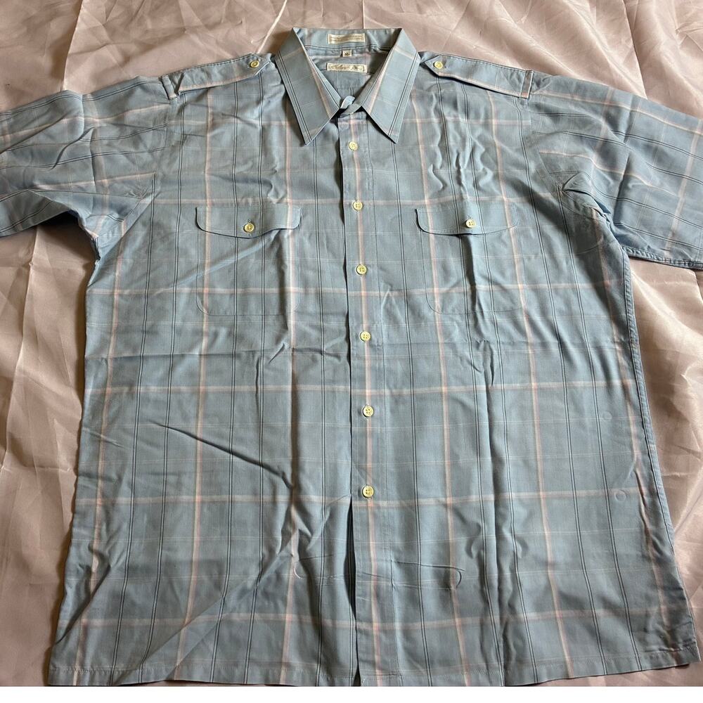 Christian Dior Vintage Short Sleeve Plaid Shirt Men’s XL Gray Pink Blue